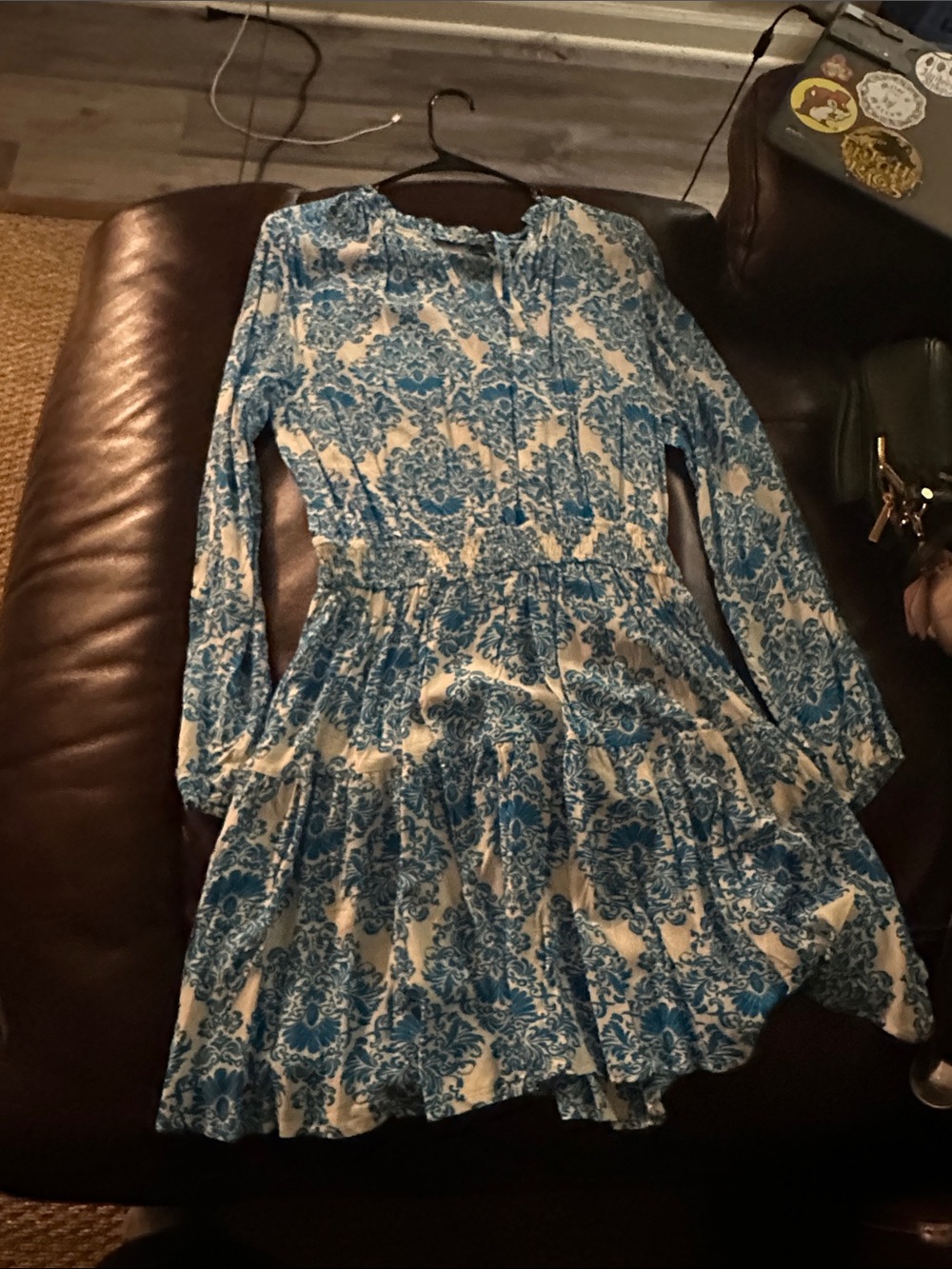 Cupshe Blue and White Long Sleeve Floral Tiered Dress